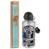 Easter Set, metallic silver aluminum water bottle (500ml) & scented flat Easter candle (30cm) (TURQUOISE)