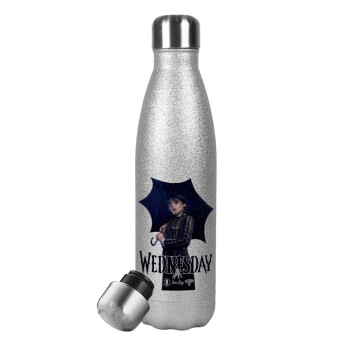 Wednesday rain, Μεταλλικό παγούρι θερμός Glitter Aσημένιο (Stainless steel), διπλού τοιχώματος, 500ml