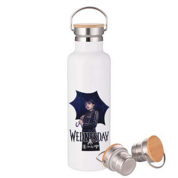 Wednesday rain, Μεταλλικό παγούρι θερμός (Stainless steel) Λευκό με ξύλινο καπάκι (bamboo), διπλού τοιχώματος, 750ml