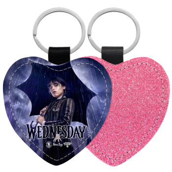 Wednesday rain, Μπρελόκ PU δερμάτινο glitter καρδιά ΡΟΖ