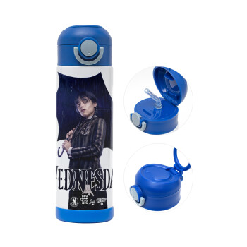 Wednesday rain, Children's hot water bottle, stainless steel, with safety straw, BLUE (500ml)