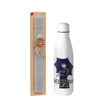 Wednesday rain, Easter Set, metallic stainless thermos bottle (500ml) & scented flat Easter candle (30cm) (GRAY)