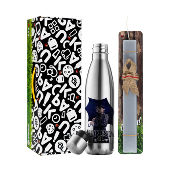 Wednesday rain, Easter Set, metallic stainless thermos flask (500ml) & scented flat Easter candle (30cm) (GRAY)