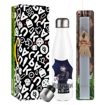 Wednesday rain, Easter candle, metallic white thermos bottle (500ml) & aromatic flat candle (30cm) (GRAY)