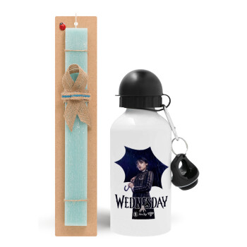 Wednesday rain, Easter Set, metallic aluminum water bottle (500ml) & scented flat candle (30cm) (TURQUOISE)