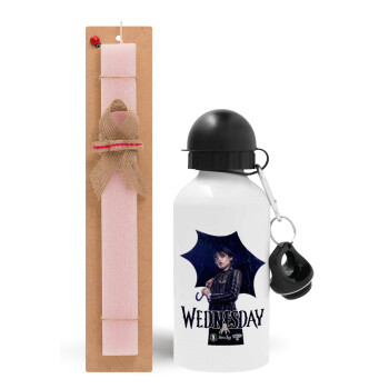 Wednesday rain, Πασχαλινή Λαμπάδα με παγούρι μεταλλικό αλουμινίου (500ml) & κερί αρωματικό πλακέ (30cm) (ΡΟΖ)