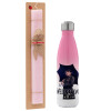 Easter Set, Metallic pink/white (Stainless steel) thermos, double-walled, 500ml & aromatic flat Easter candle (30cm) (PINK)