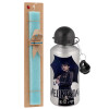 Easter Set, metallic silver aluminum water bottle (500ml) & scented flat Easter candle (30cm) (TURQUOISE)