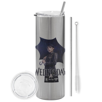 Wednesday rain, Eco friendly stainless steel Silver tumbler 600ml, with metal straw & cleaning brush