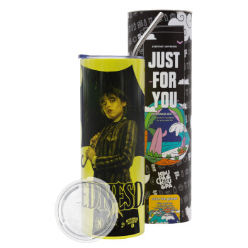 Wednesday rain, Neon Yellow Travel Tumbler, with metal straw (Stainless steel 304 Food grade, BPA free, 600ml)