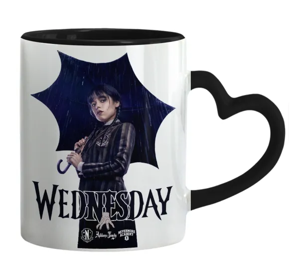 Wednesday rain — Κούπα καρδιά χερούλι μαύρη, κεραμική, 330ml