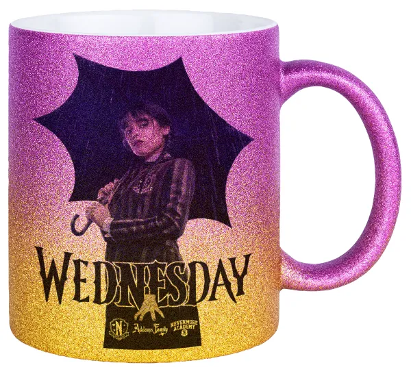 Wednesday rain — Gold/pink glitter mug, ceramic, 330ml