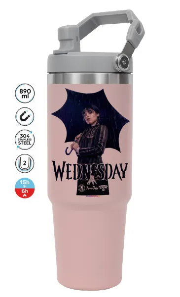 Wednesday rain — ΡΟΖ Travel Tumbler Θερμός με χερούλι και καλαμάκι 890ml