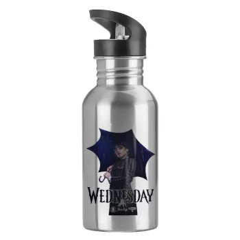 Wednesday rain, Παγούρι νερού Ασημένιο με καλαμάκι, ανοξείδωτο ατσάλι 600ml