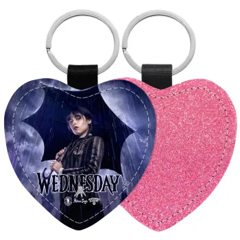 Wednesday rain, Μπρελόκ PU δερμάτινο glitter καρδιά ΡΟΖ