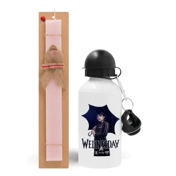 Wednesday rain, Πασχαλινή Λαμπάδα με παγούρι μεταλλικό αλουμινίου (500ml) & κερί αρωματικό πλακέ (30cm) (ΡΟΖ)