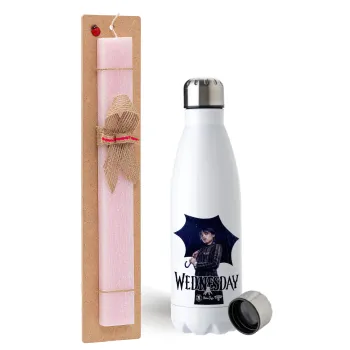 Wednesday rain, Easter Set, metallic stainless steel water bottle (750ml) & scented flat Easter candle (30cm) (PINK)