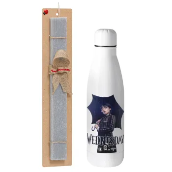 Wednesday rain, Easter Set, metallic stainless thermos bottle (500ml) & scented flat Easter candle (30cm) (GRAY)