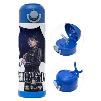 Wednesday rain, Children's hot water bottle, stainless steel, with safety straw, BLUE (500ml)