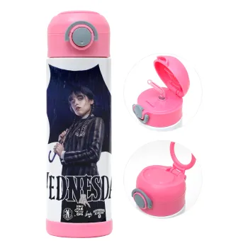 Wednesday rain, Children's hot water bottle, stainless steel, with safety straw, PINK (500ml)