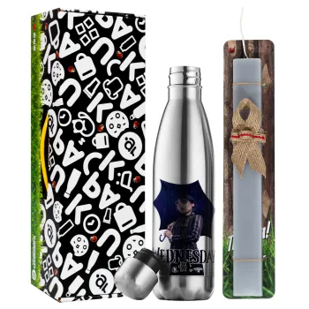 Wednesday rain, Easter Set, metallic stainless thermos flask (500ml) & scented flat Easter candle (30cm) (GRAY)