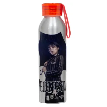 Wednesday rain, Αλουμινένιο Αθλητικό Μπουκάλι 650ml – Ασημί με Κόκκινο Καπάκι και Λουράκι Σιλικόνης