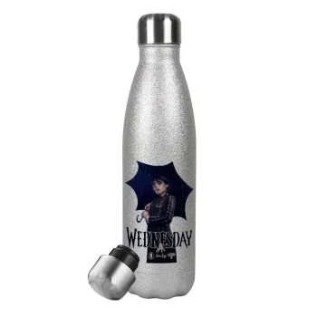 Wednesday rain, Μεταλλικό παγούρι θερμός Glitter Aσημένιο (Stainless steel), διπλού τοιχώματος, 500ml