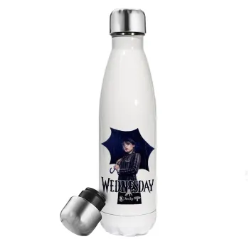 Wednesday rain, Μεταλλικό παγούρι θερμός Λευκό (Stainless steel), διπλού τοιχώματος, 500ml
