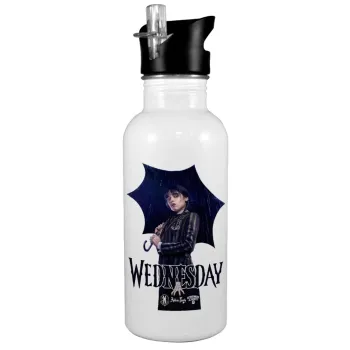 Wednesday rain, White water bottle with straw, stainless steel 600ml