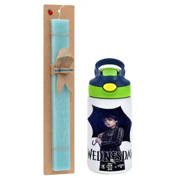 Wednesday rain, Easter Set, Children's thermal stainless steel bottle with safety straw, green/blue (350ml) & aromatic flat Easter candle (30cm) (TURQUOISE)