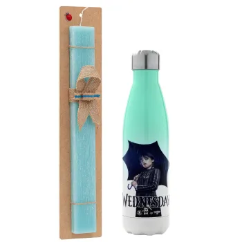 Wednesday rain, Easter Set, Metallic green/white thermos (Stainless steel), double-walled, 500ml & scented flat Easter candle (30cm) (TURQUOISE)
