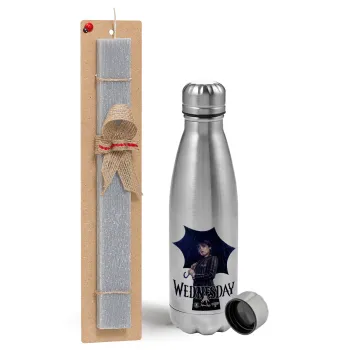 Wednesday rain, Easter Set, metallic Inox water bottle (750ml) & aromatic flat Easter candle (30cm) (GRAY)