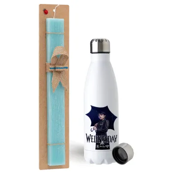 Wednesday rain, Easter Set, metallic stainless steel water bottle (750ml) & aromatic flat Easter candle (30cm) (TURQUOISE)