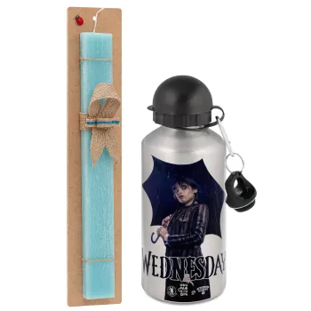 Wednesday rain, Easter Set, metallic silver aluminum water bottle (500ml) & scented flat Easter candle (30cm) (TURQUOISE)