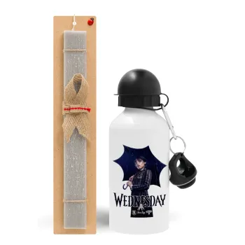 Wednesday rain, Easter Set, metallic aluminum water bottle (500ml) & aromatic flat Easter candle (30cm) (GRAY)