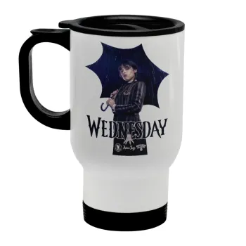 Wednesday rain, Κούπα ταξιδιού ανοξείδωτη με καπάκι, διπλού τοιχώματος (θερμό) λευκή 450ml