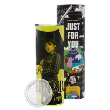 Wednesday rain, Neon Yellow Travel Tumbler θερμό, μεταλλικό καλαμάκι(Ανωξείδωτο 304 Food grade, BPA free, 600ml)