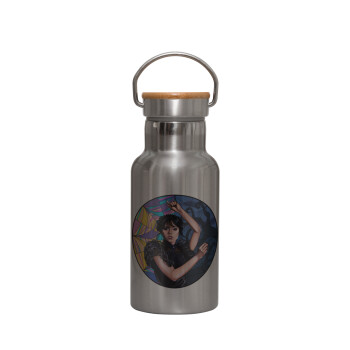 Wednesday dance, Stainless steel metallic thermos flask, silver with a bamboo lid, double-walled, 350ml.