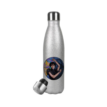 Wednesday dance, Μεταλλικό παγούρι θερμός Glitter Aσημένιο (Stainless steel), διπλού τοιχώματος, 500ml