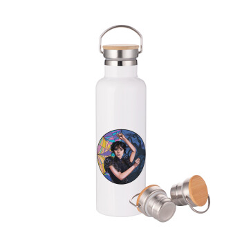 Wednesday dance, Μεταλλικό παγούρι θερμός (Stainless steel) Λευκό με ξύλινο καπάκι (bamboo), διπλού τοιχώματος, 750ml