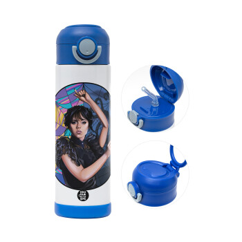 Wednesday dance, Children's hot water bottle, stainless steel, with safety straw, BLUE (500ml)