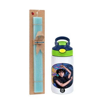 Wednesday dance, Easter Set, Children's thermal stainless steel bottle with safety straw, green/blue (350ml) & aromatic flat Easter candle (30cm) (TURQUOISE)