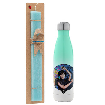 Wednesday dance, Easter Set, Metallic green/white thermos (Stainless steel), double-walled, 500ml & scented flat Easter candle (30cm) (TURQUOISE)