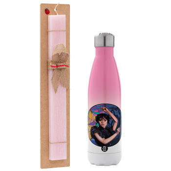 Wednesday dance, Easter Set, Metallic pink/white (Stainless steel) thermos, double-walled, 500ml & aromatic flat Easter candle (30cm) (PINK)