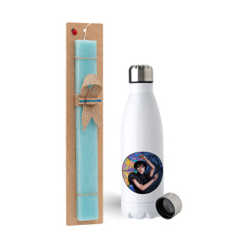 Wednesday dance, Easter Set, metallic stainless steel water bottle (750ml) & aromatic flat Easter candle (30cm) (TURQUOISE)