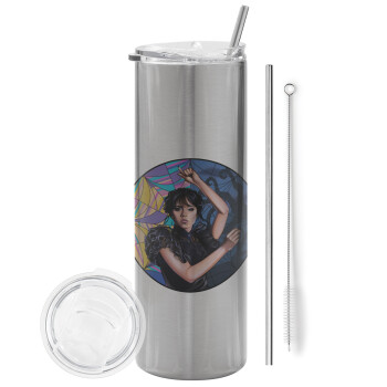 Wednesday dance, Eco friendly stainless steel Silver tumbler 600ml, with metal straw & cleaning brush
