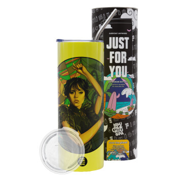 Wednesday dance, Neon Yellow Travel Tumbler θερμό, μεταλλικό καλαμάκι(Ανωξείδωτο 304 Food grade, BPA free, 600ml)