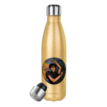 Wednesday dance, Glitter gold stainless steel thermos bottle, double-walled, 500ml