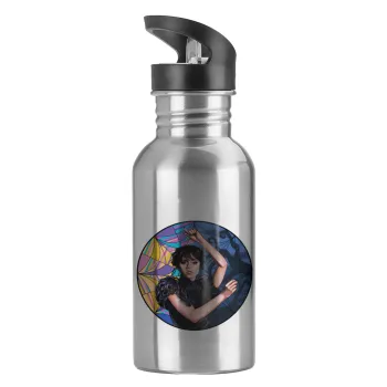 Wednesday dance, Παγούρι νερού Ασημένιο με καλαμάκι, ανοξείδωτο ατσάλι 600ml