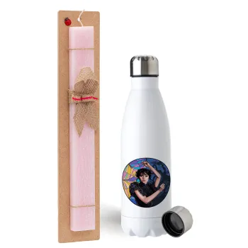 Wednesday dance, Easter Set, metallic stainless steel water bottle (750ml) & scented flat Easter candle (30cm) (PINK)